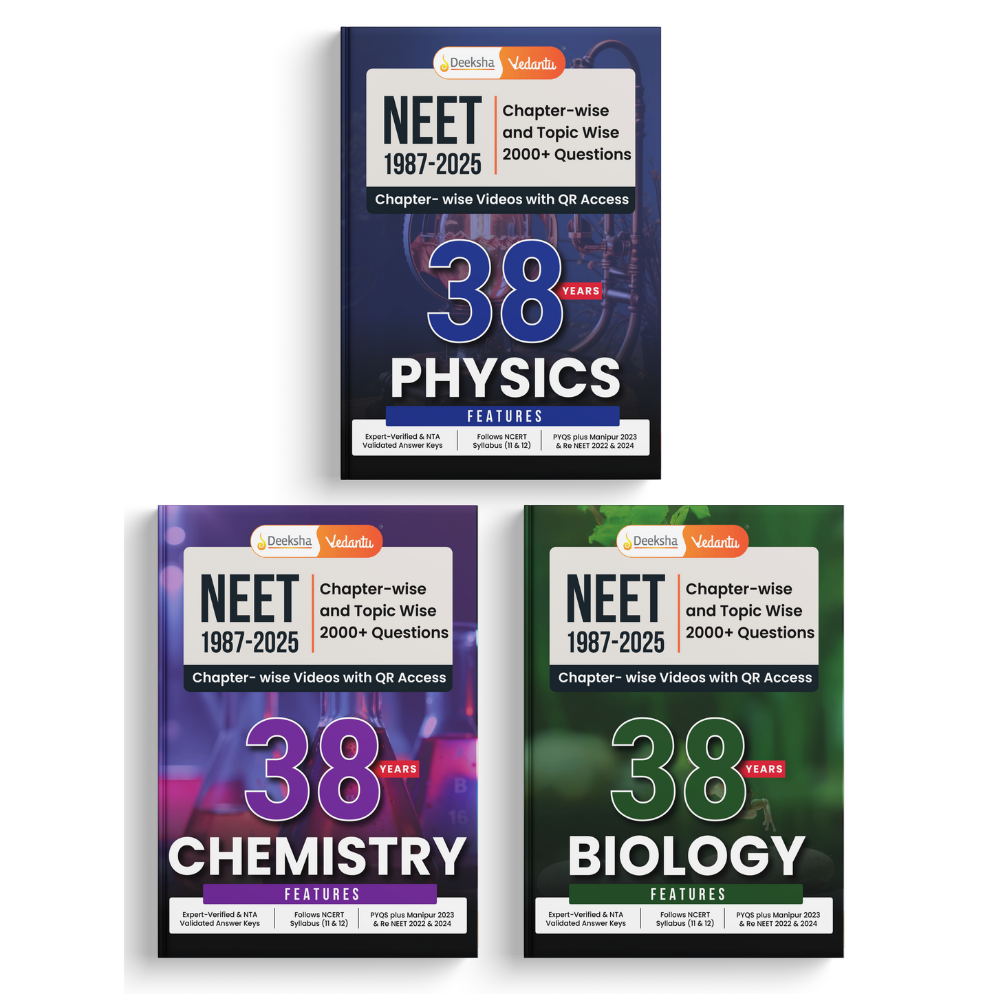 Deeksha Vedantu 38 Years NEET Physics, Chemistry & Biology (1987–2025) Previous Year Questions Books Set Of 3 | Chapter & Topic Wise PYQs | 6000+ Questions, QR Video Solutions, 10 Mock Tests Each | NCERT Based for 2026 Exam